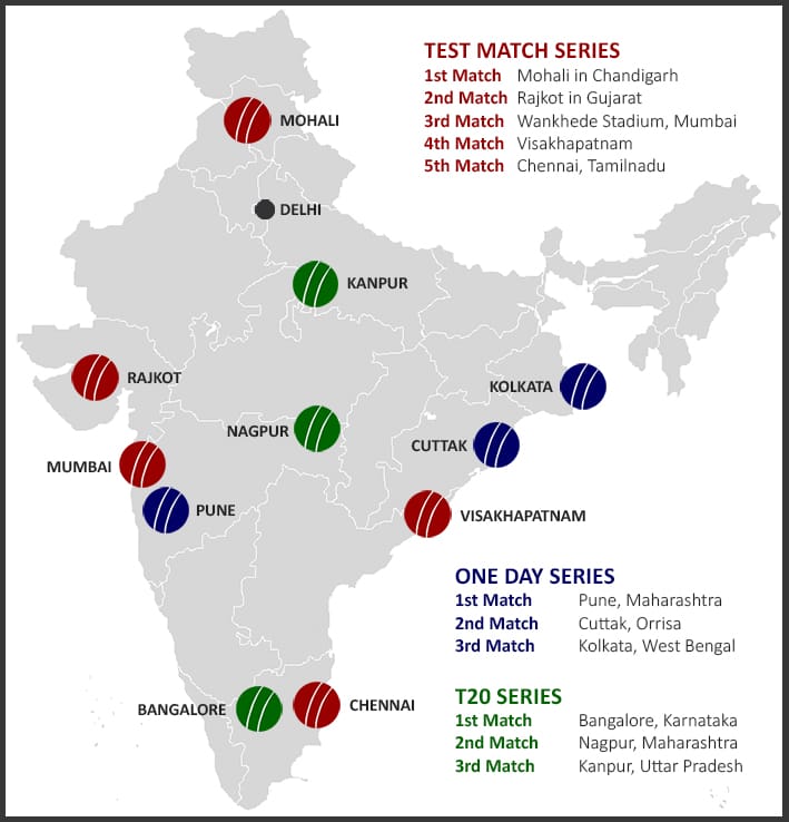 Venues for 2016 India Cricket Tour (Tests, ODI's & T20s) INDIA_tests3